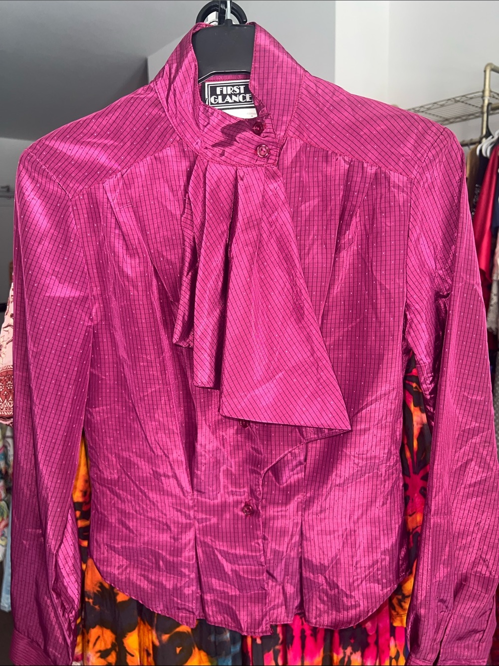 80s First Glance metallic checkered Fuchsia Satin Blouse with Flat front draping